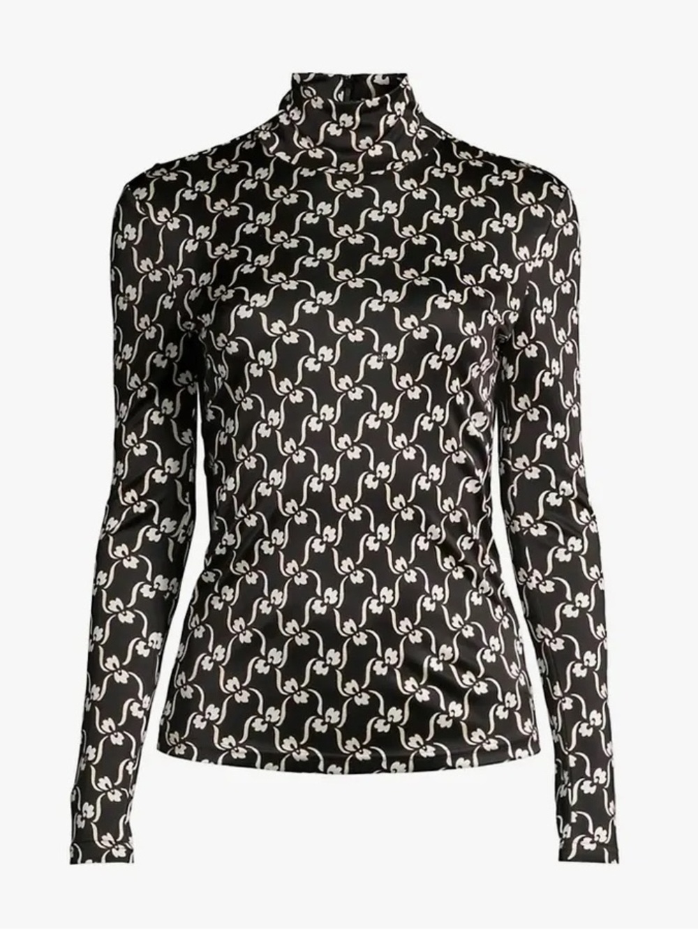 Tory Burch Floral Jersey Silk Blend Turtleneck Top Sz M Black/Cream 🧡🍄